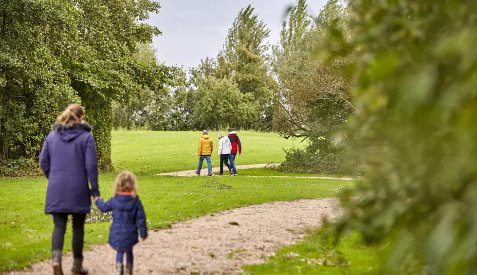 vijf personen wandelen over pad.webp